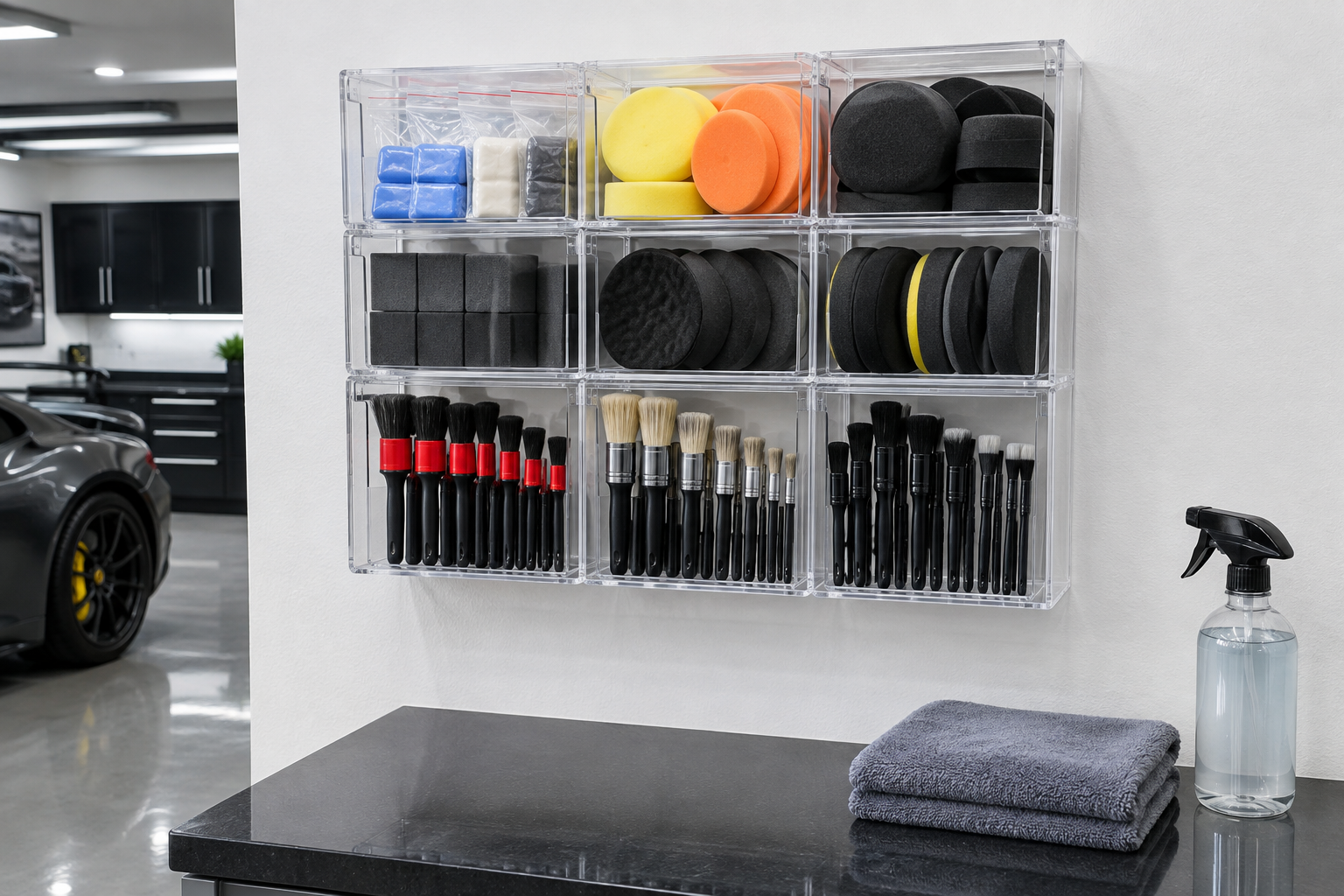 Clear acrylic wall-mounted organizer holding detailing accessories including clay bars, foam applicators, and detailing brushes