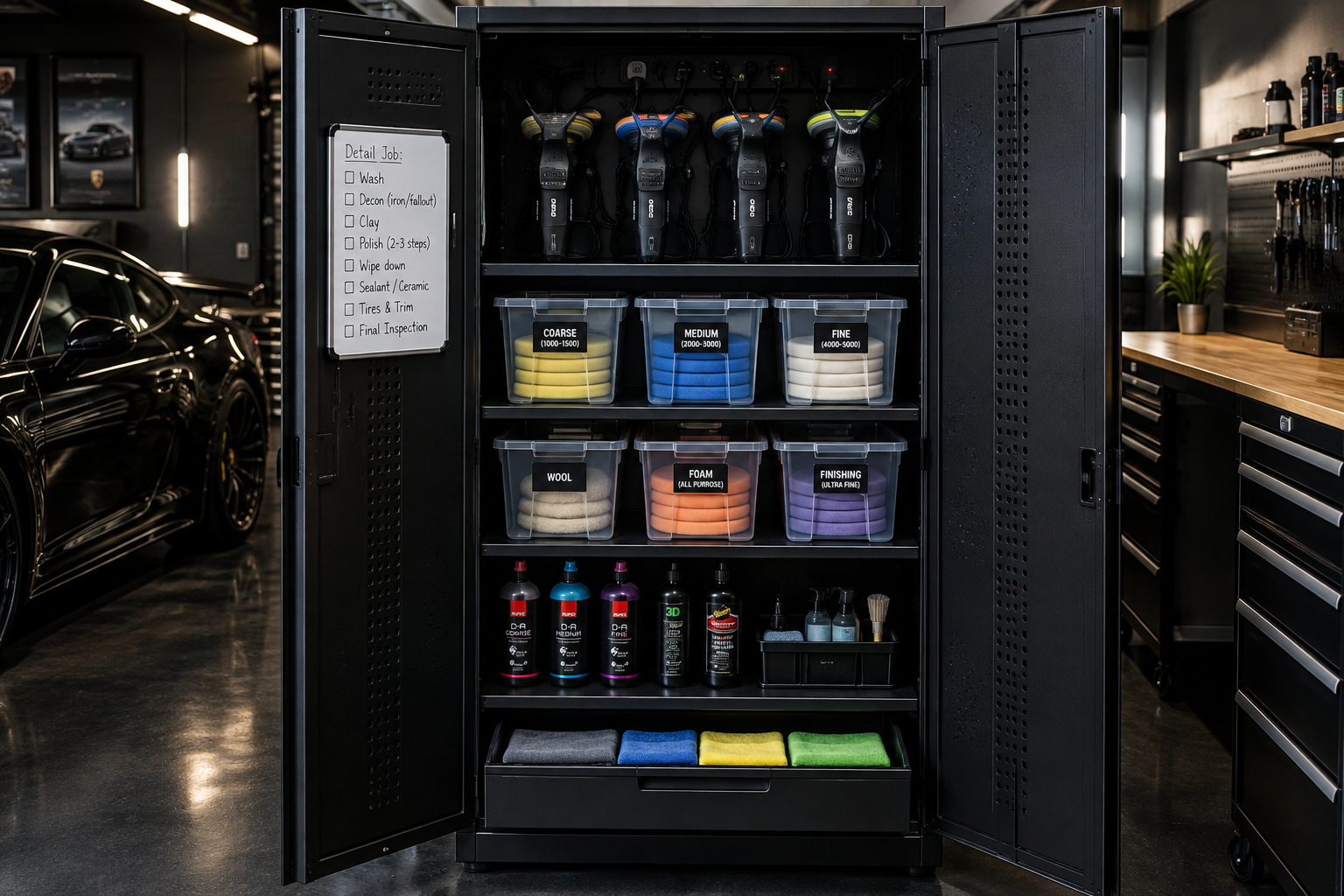 Open matte black metal locker cabinet in garage with machine polishers on charging shelf and labeled pad storage bins