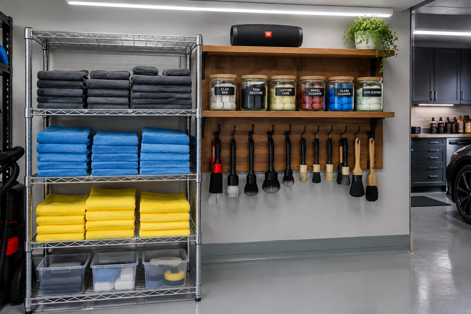 Garage detailing storage wall combining stainless wire shelving for microfiber towels and wooden shelf with hanging detailing brushes