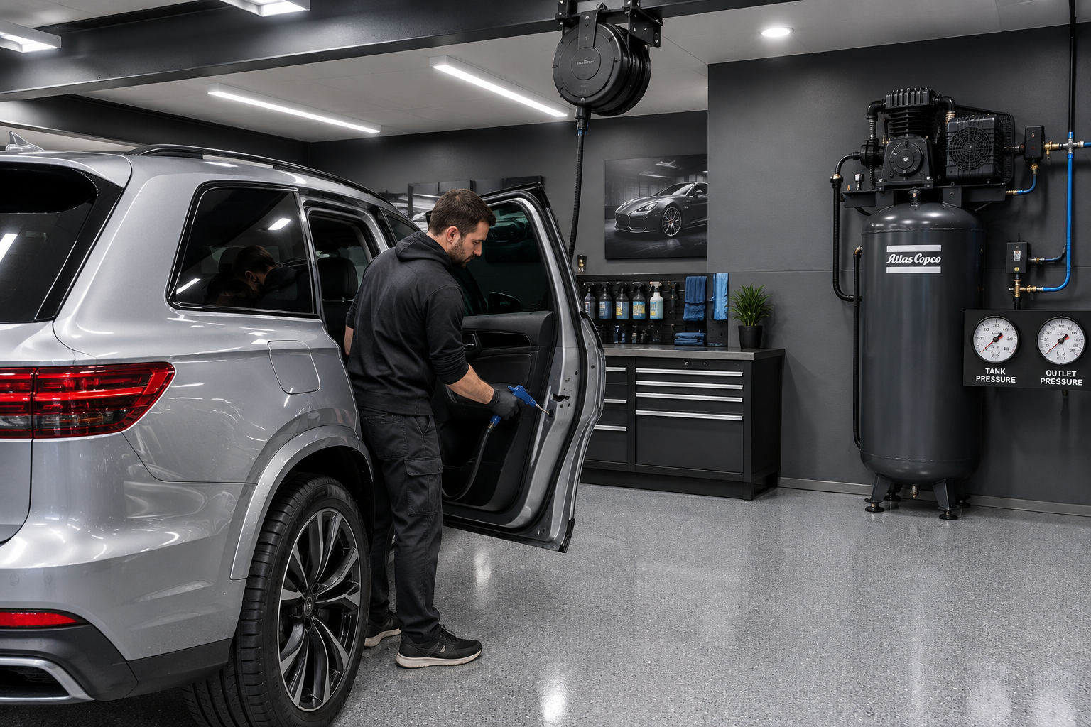 Ceiling-mounted retractable air hose reel above silver SUV in organized garage detailing bay with wall compressor