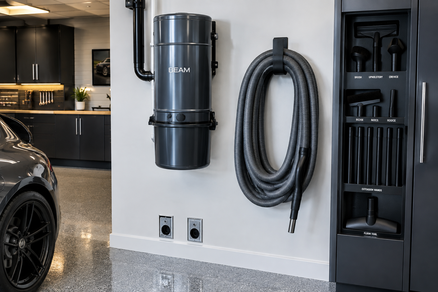 Wall-mounted central vacuum unit with chrome inlets and organized attachment cabinet in clean garage detailing setup