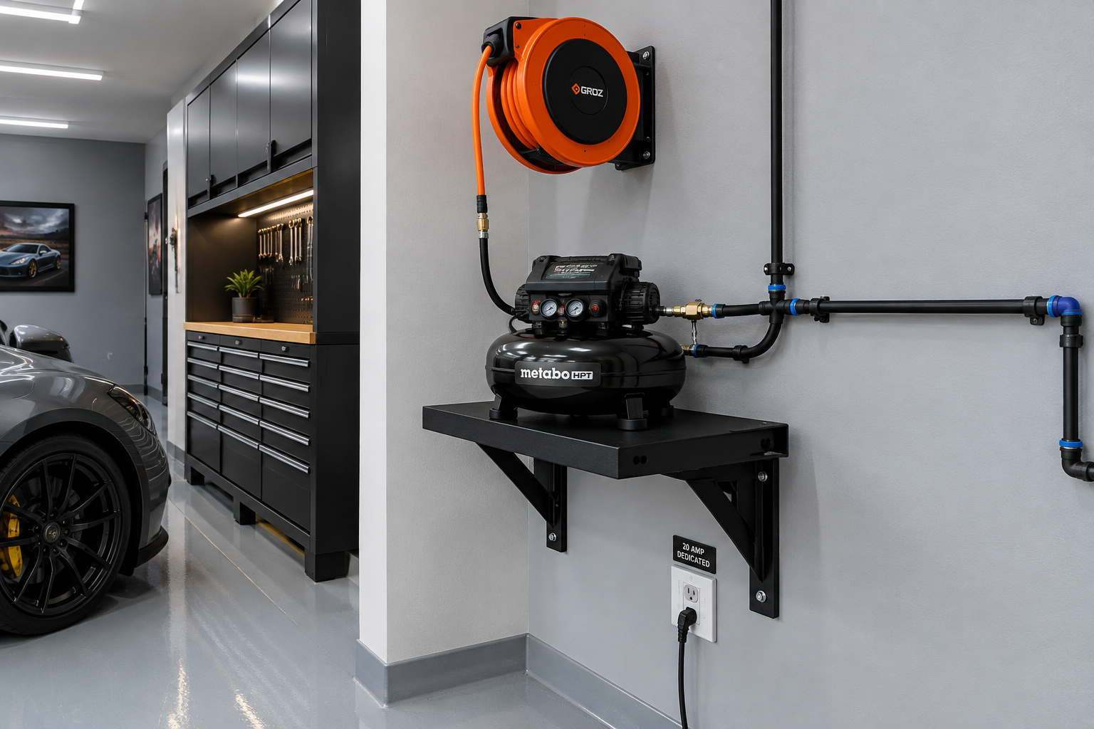 Compact pancake compressor on wall shelf with orange retractable hose reel and black polyurethane air lines in garage