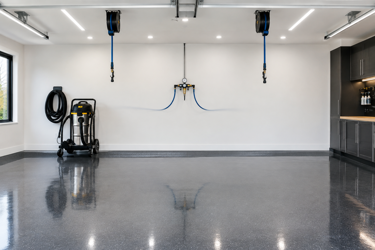Two-car garage detailing bay with dual ceiling air hose reels, shop vacuum on cart, and glossy charcoal epoxy floor