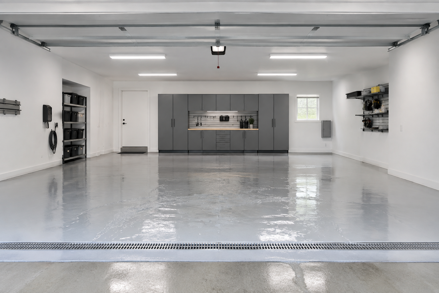 Stainless steel trench drain set into light gray epoxy garage floor with water sheeting toward it