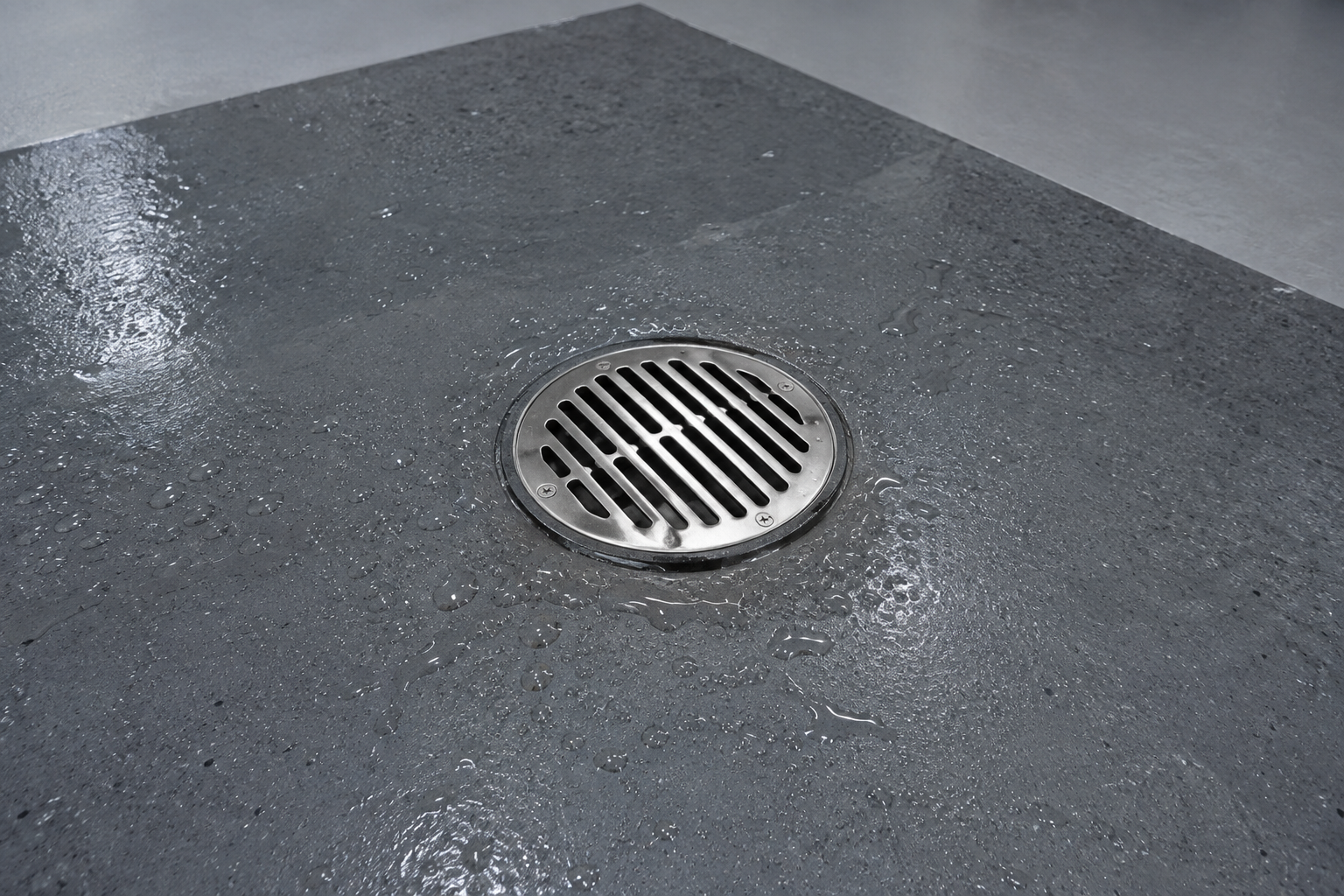 Round stainless drain grate centered in charcoal epoxy garage floor wash zone