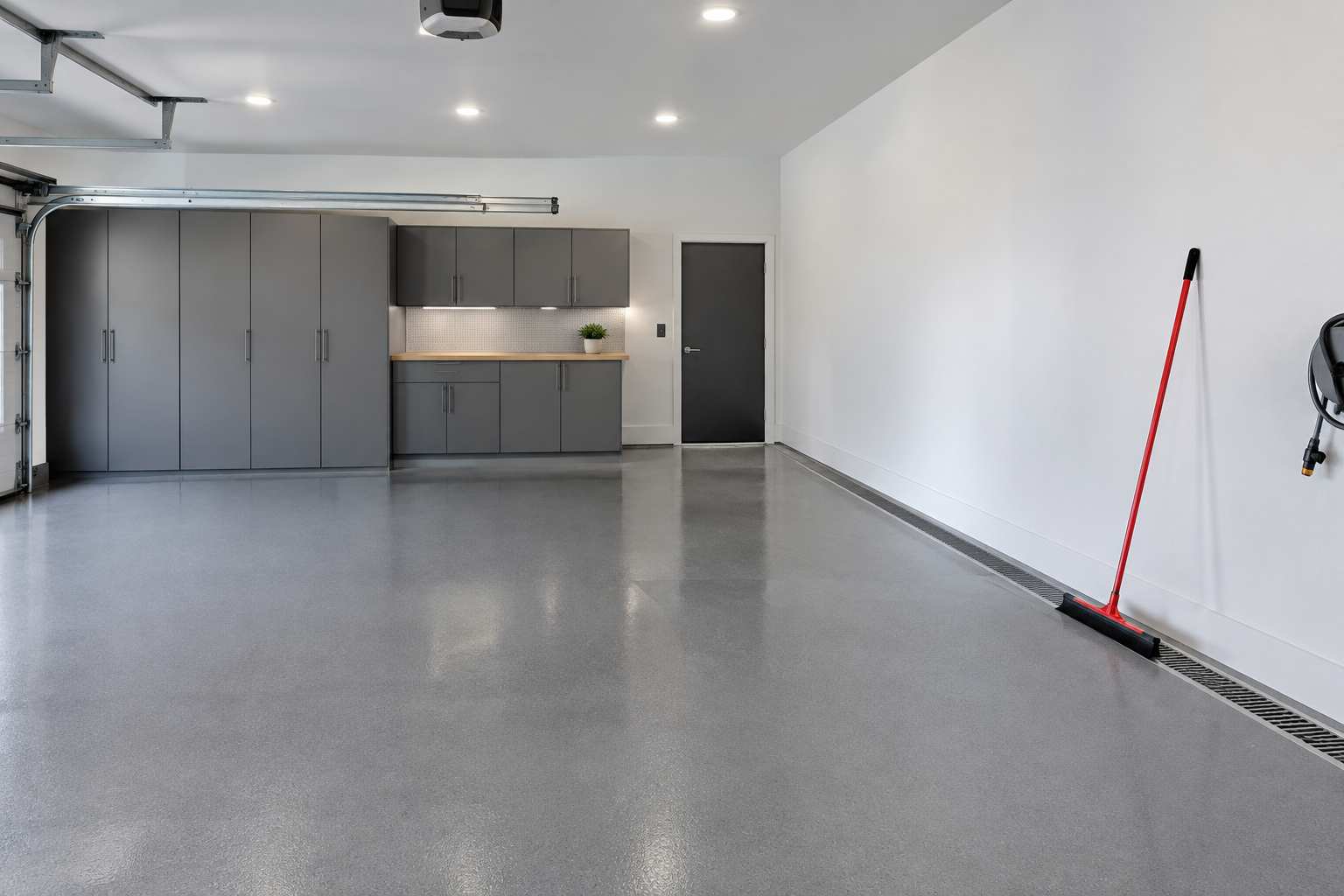 Medium gray polyurea coated sloped garage floor with channel drain and red squeegee against wall
