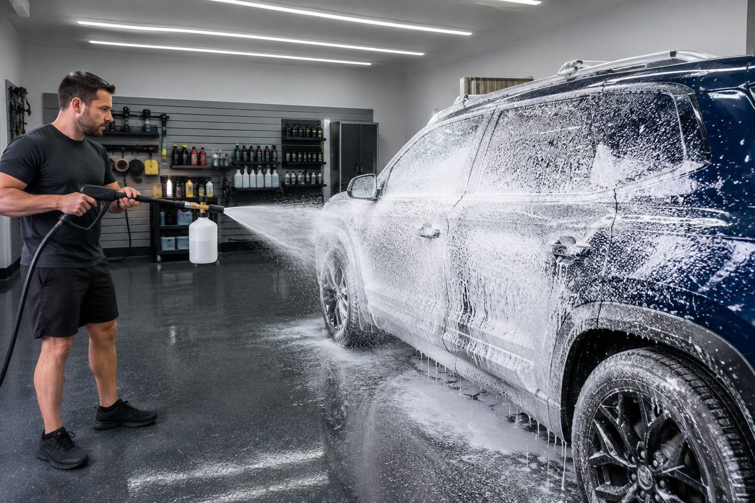 Foam cannon spraying thick white foam on dark blue SUV in charcoal epoxy garage wash bay