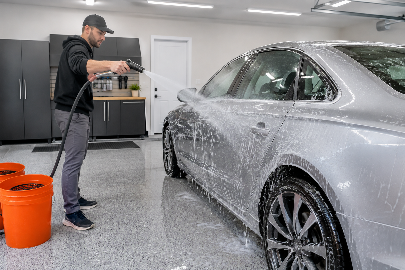 Person rinsing silver sedan with fan spray nozzle in bright garage with two wash buckets on epoxy floor