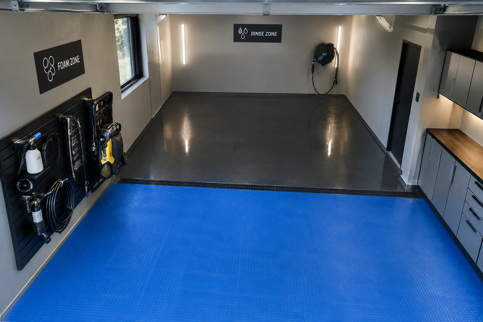 Two-zone garage car wash layout with blue foam mat in front and charcoal epoxy rinse zone in rear