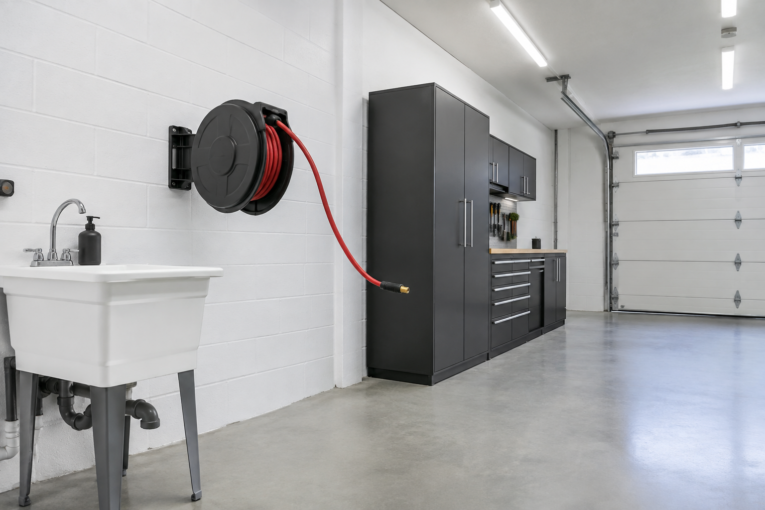Matte black retractable hose reel mounted on white garage wall above utility sink