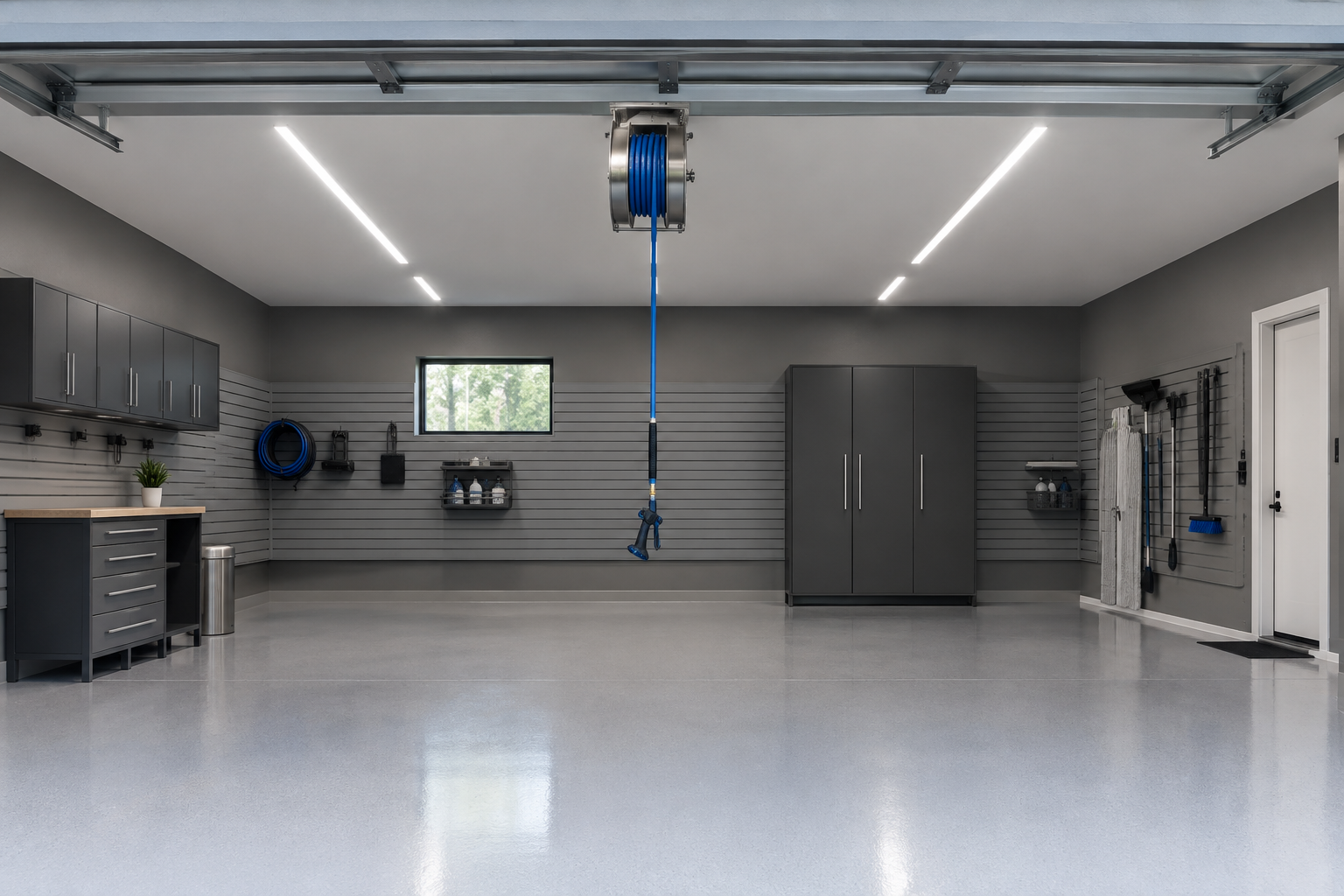 Ceiling-mounted stainless hose reel dropping hose into center of gray epoxy garage bay