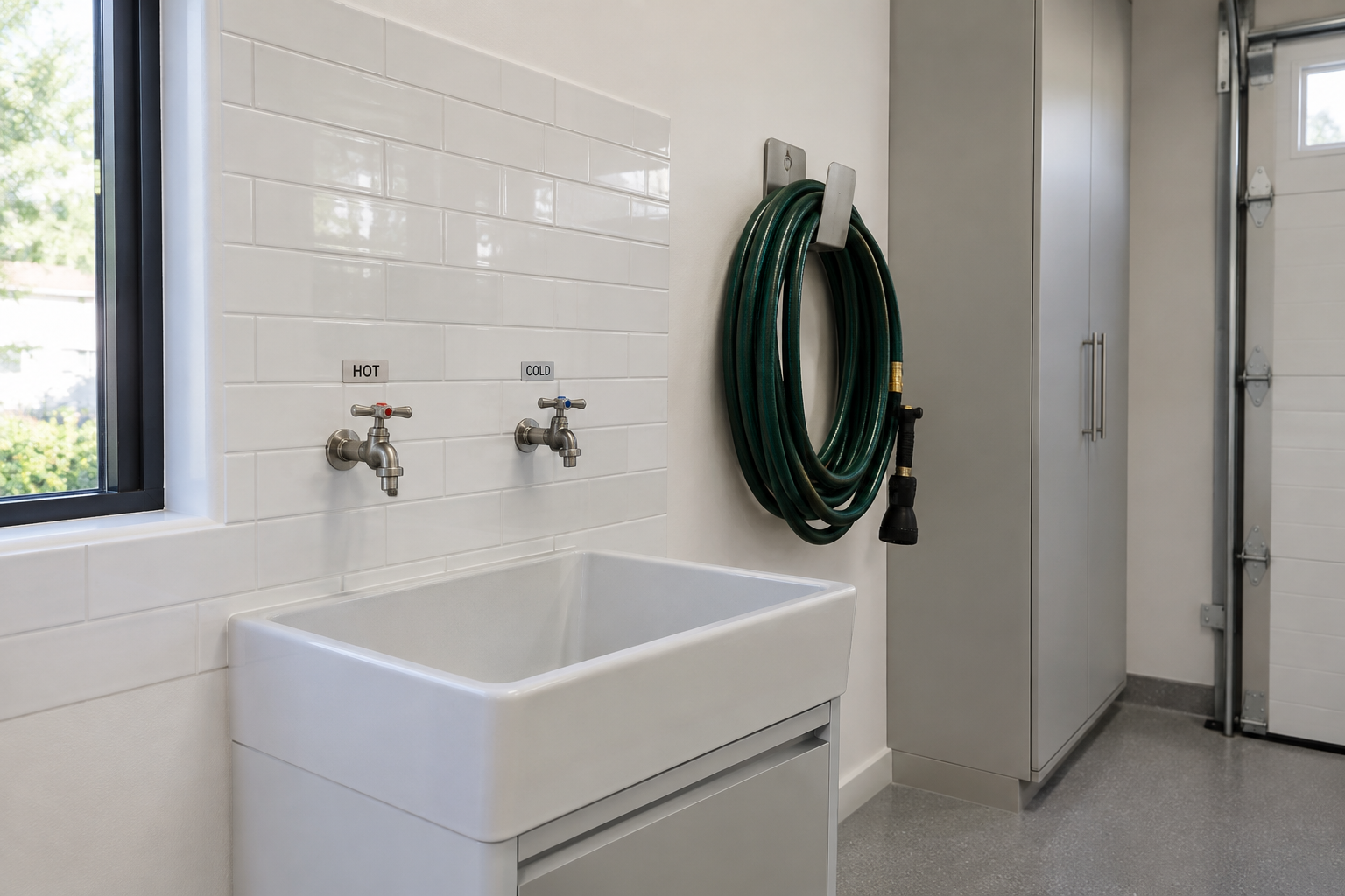 Hot and cold garage spigots in brushed nickel above white tile utility sink