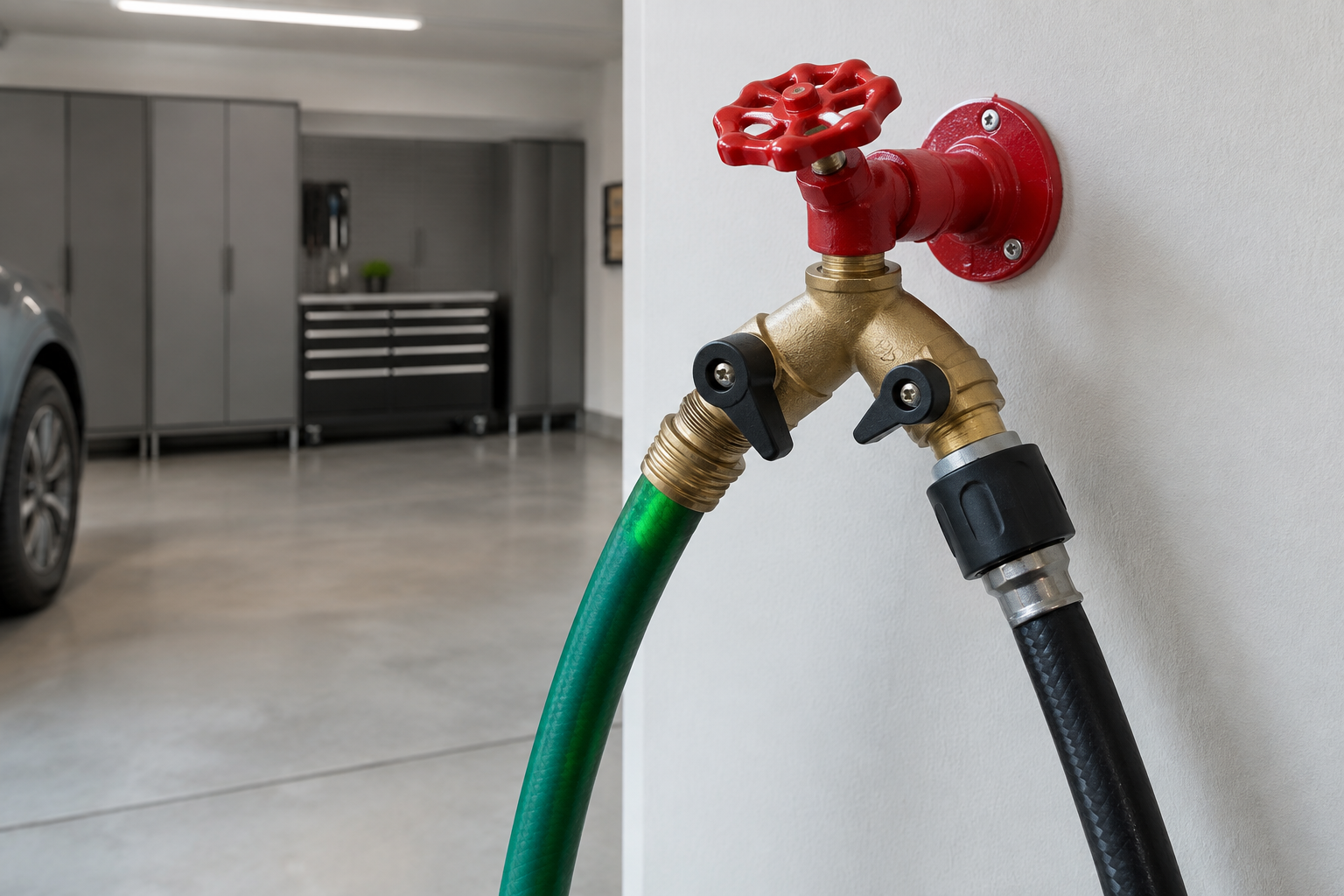 Brass dual-outlet hose splitter with pressure washer and garden hose connections on garage spigot
