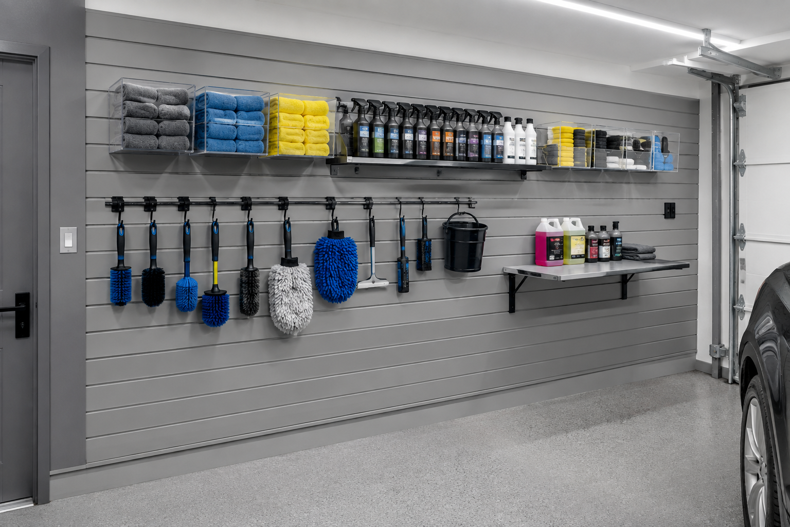 Gray slatwall car wash supply wall with towels, spray bottles, brushes, and soap organized neatly