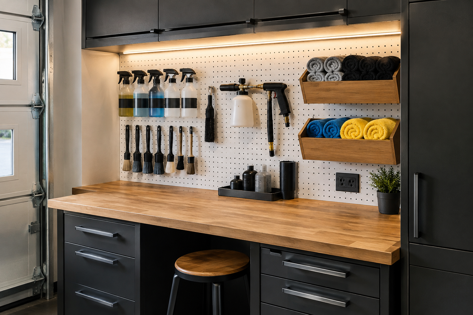 White pegboard above garage workbench with detailing supplies, foam cannon, and under-cabinet LED lights