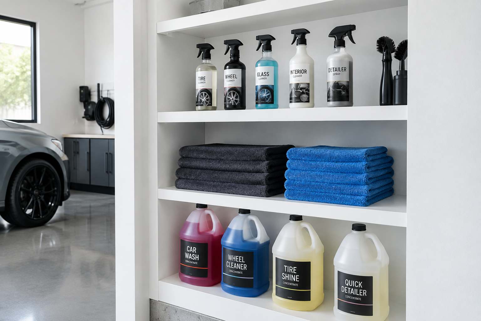 Three-tier white open shelving unit with car soap, microfiber towels, and labeled spray bottles