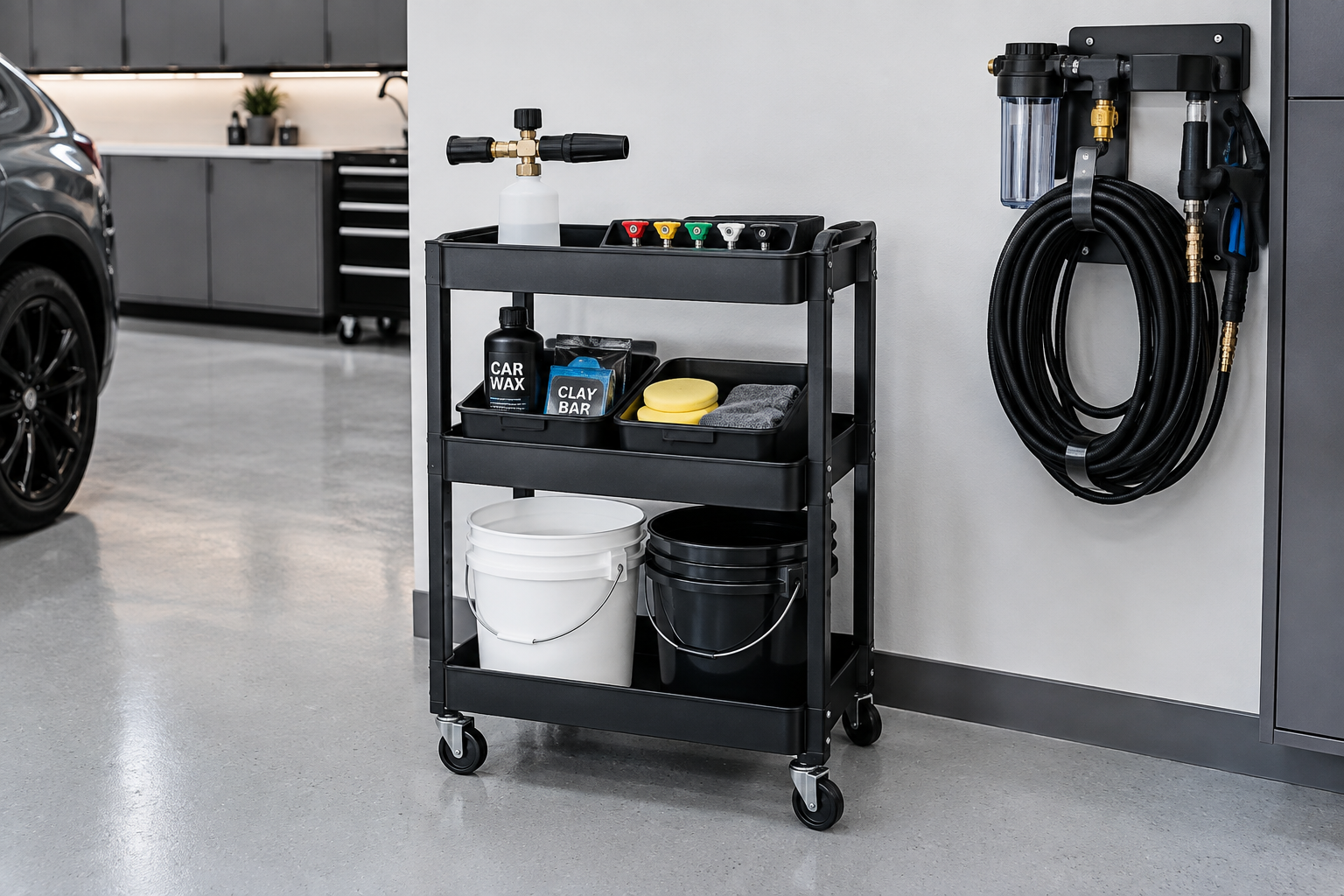 Matte black rolling cart with foam cannon, wax kit, and two buckets beside garage wash station