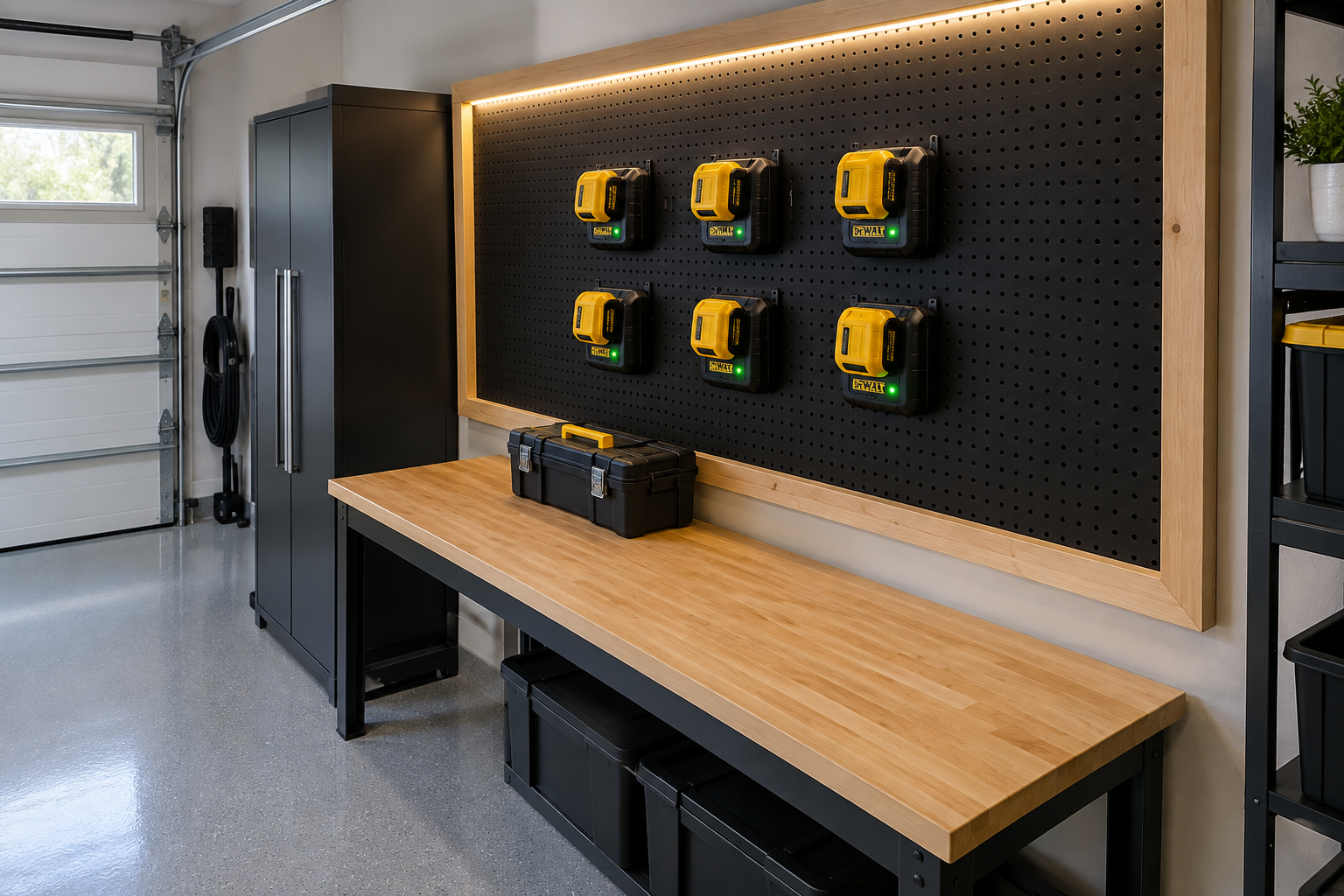 Matte black pegboard wall with six DeWalt battery chargers mounted in two rows above a workbench
