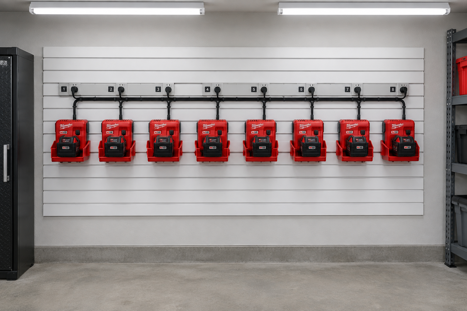 White slatwall panel holding a row of Milwaukee M18 battery chargers with red cradle mounts