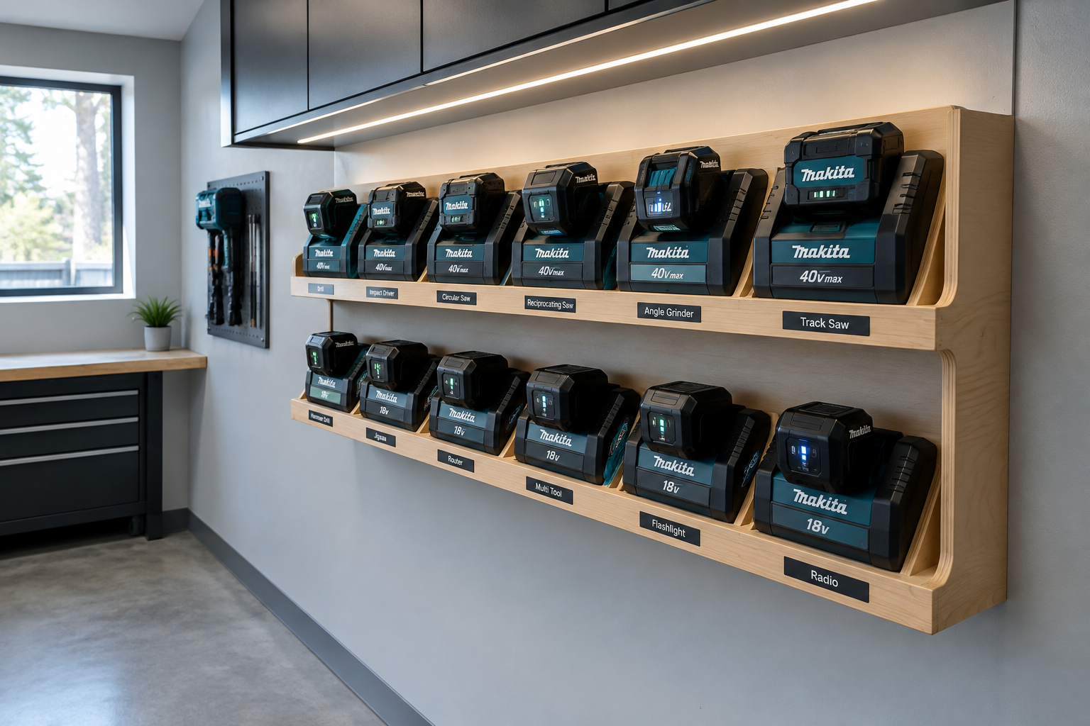 Gray plywood wall with tiered Makita battery charger shelf showing labeled charging slots