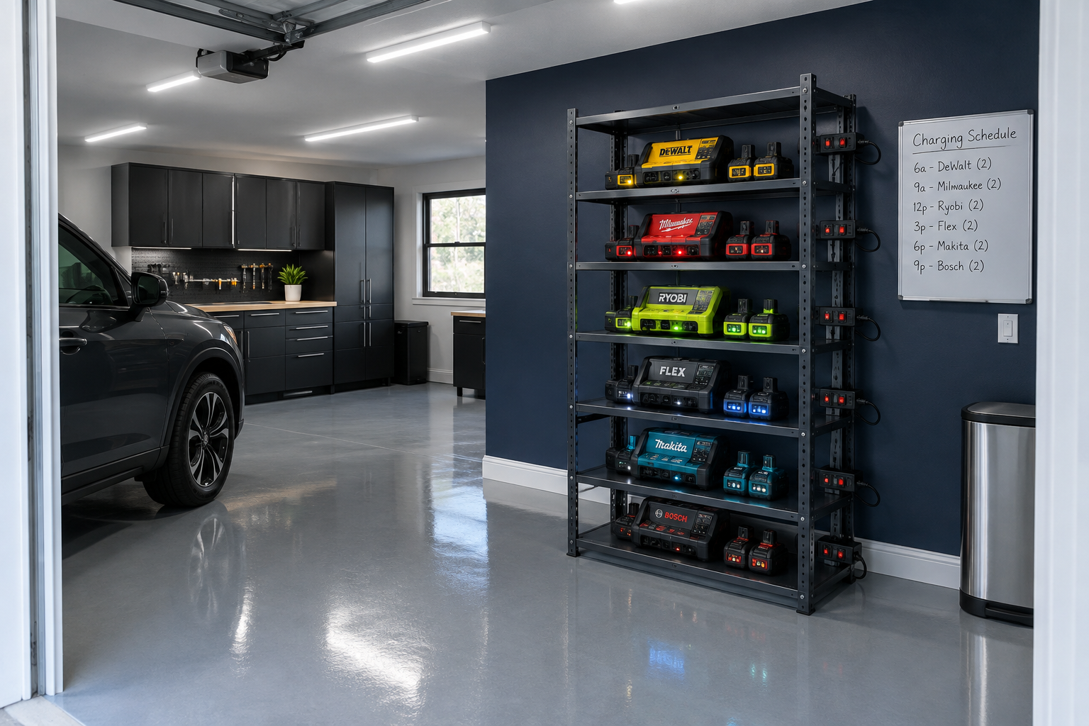 Multi-brand battery charging station on steel shelving unit against navy garage wall with power bars