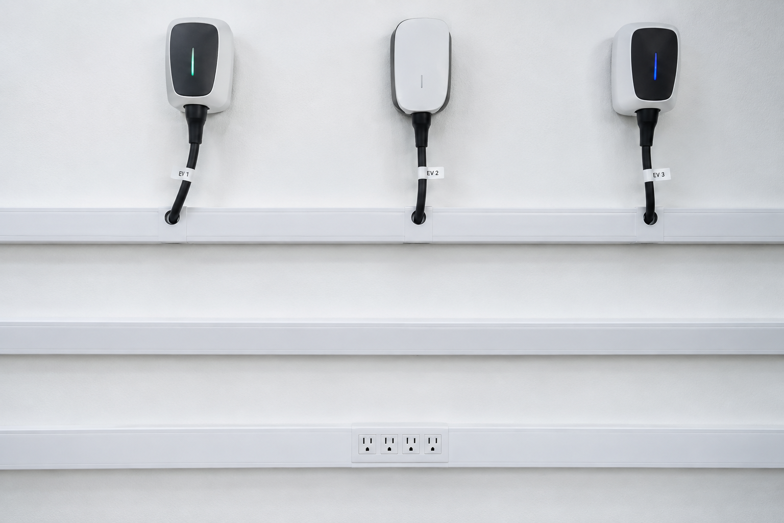 White PVC cable raceways on garage wall routing charger cords to labeled outlets and mounted chargers