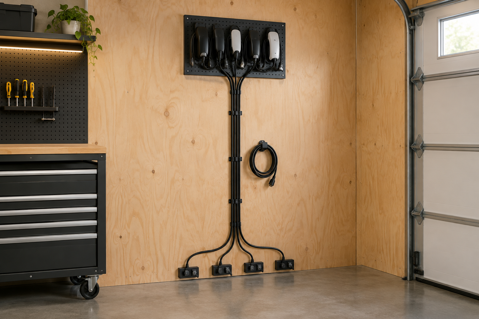 Black split loom tubing bundling charger cables on plywood wall with J-clip mounts and tidy floor-level outlets