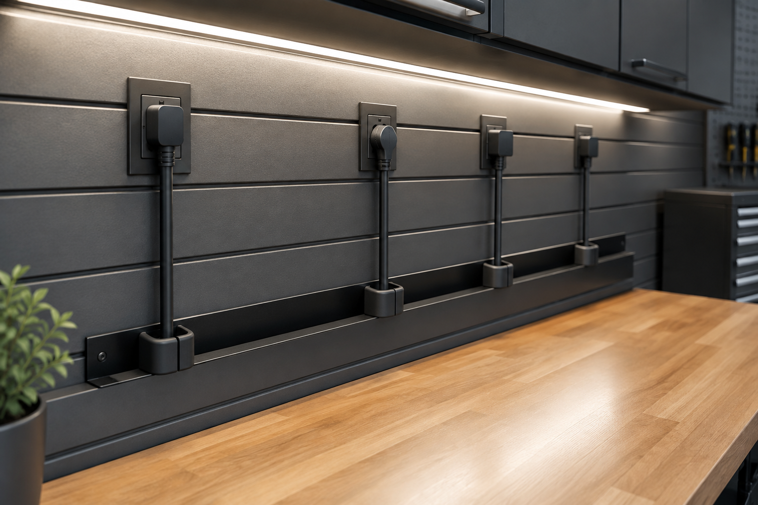 Charcoal slatwall workbench with horizontal cable management tray and rubber separators beneath evenly spaced outlets