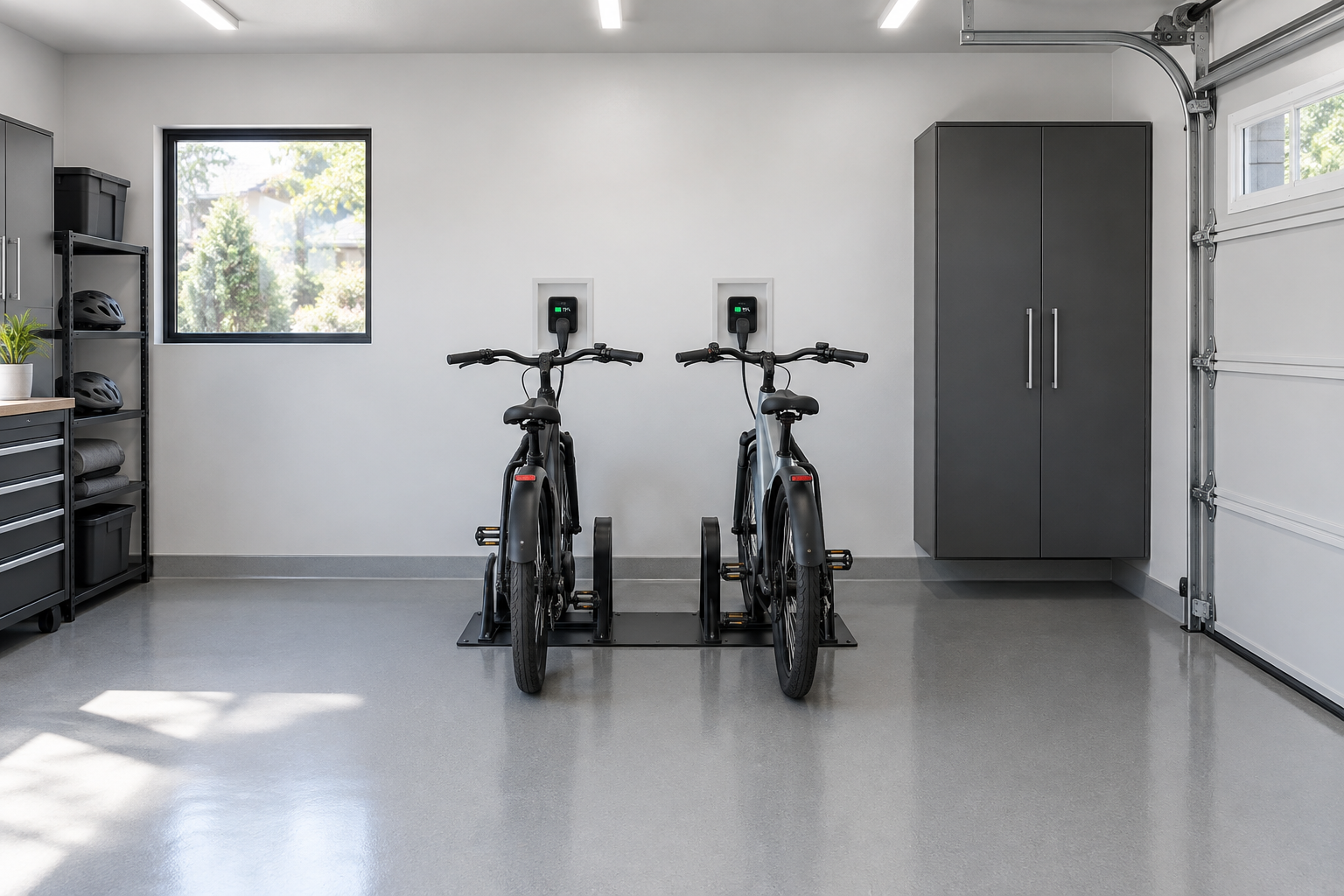 Two e-bikes parked in black steel floor docks with dedicated recessed wall outlets behind each position