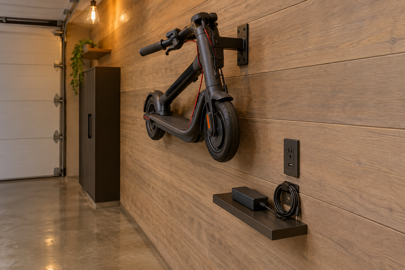Electric scooter on wall-mounted folding hook bracket above a small charging shelf in a narrow garage