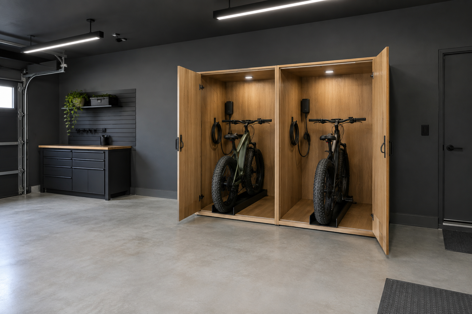 Dark garage with two-compartment wooden e-bike charging cabinet showing bikes parked inside with chargers