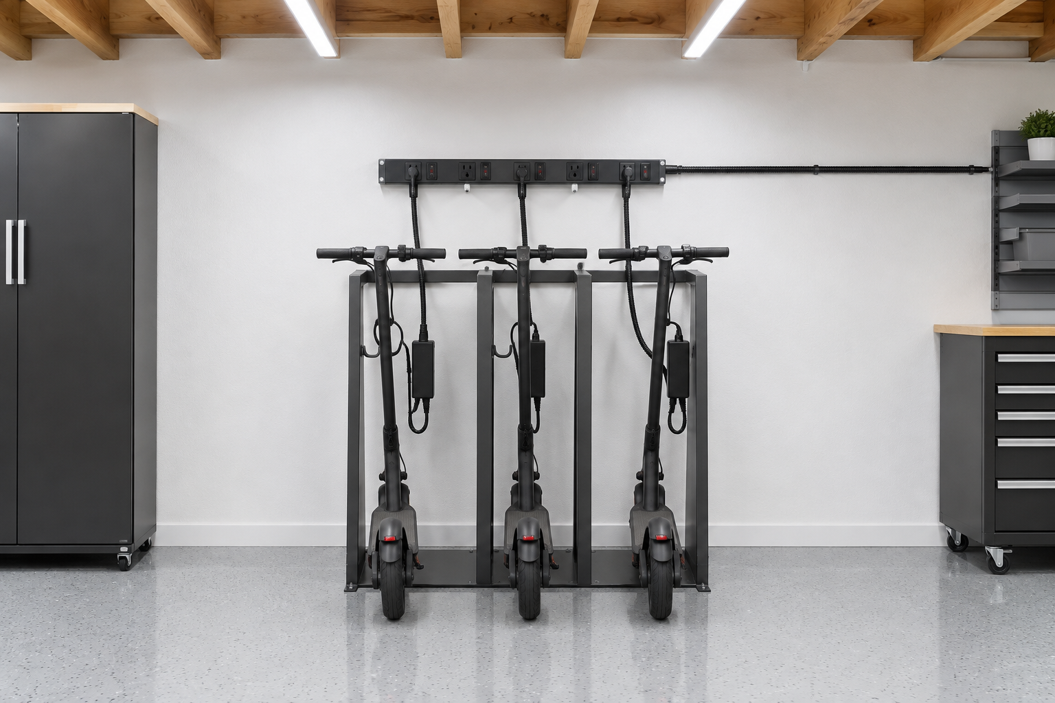 Three electric scooters in a welded steel rack with split loom cable management to a wall-mounted power strip
