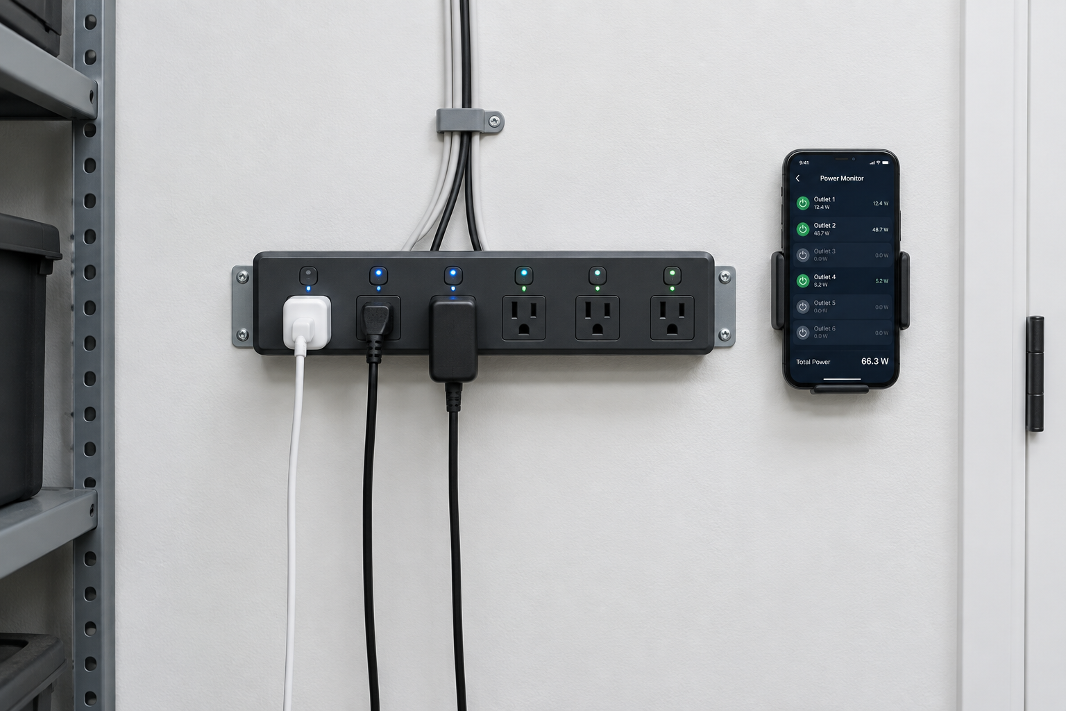 Smart Wi-Fi power strip on white garage wall with per-outlet LED indicators and phone showing energy monitoring app