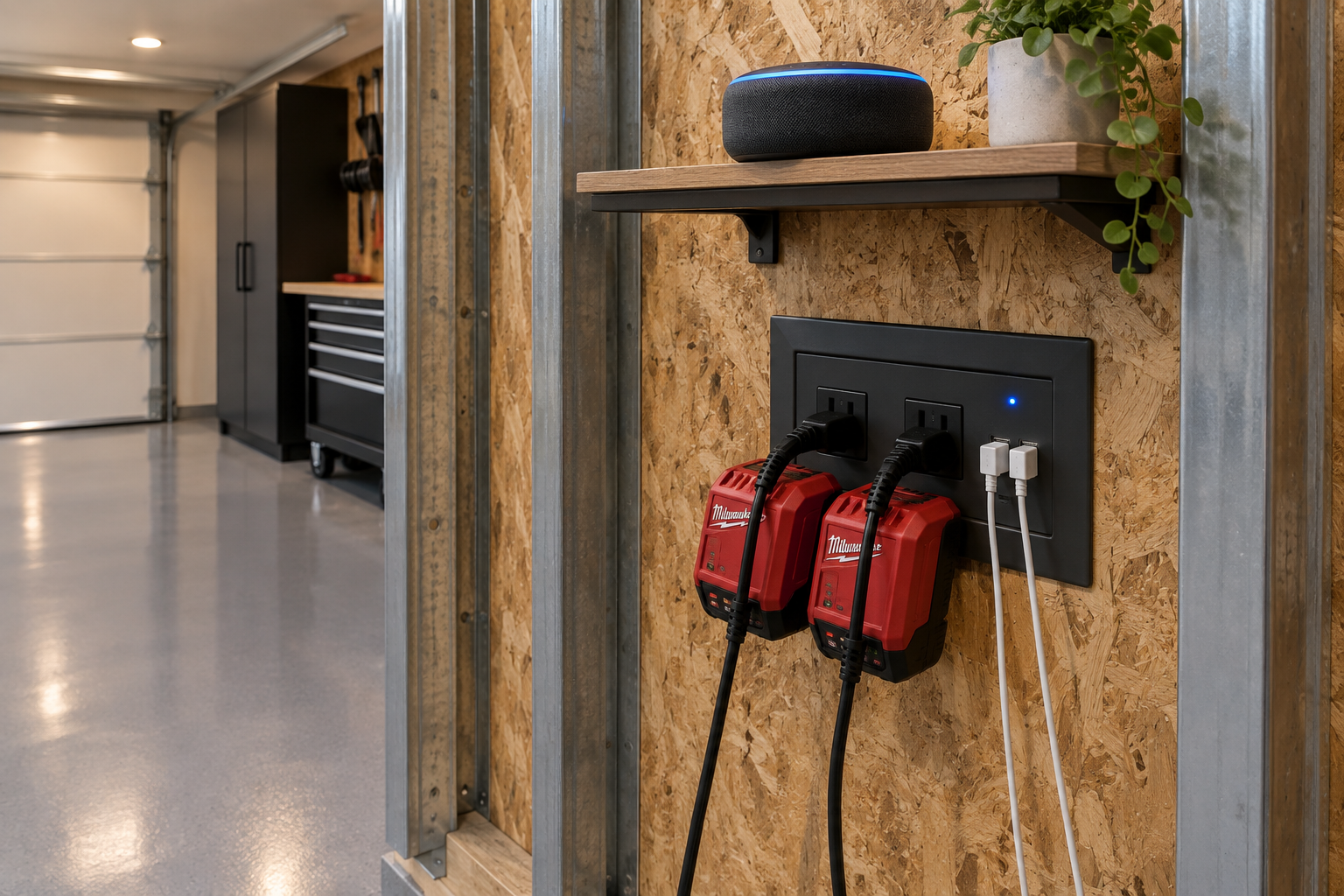 Recessed in-wall smart outlet with USB ports and status LED in OSB garage wall with chargers and smart speaker above