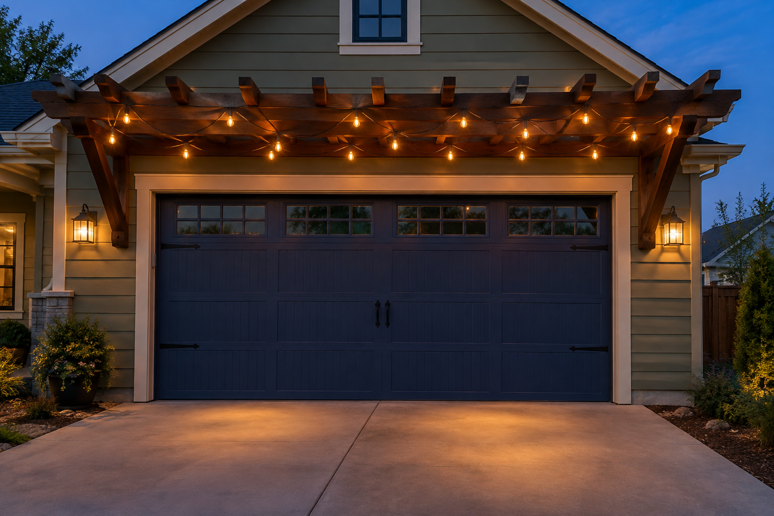Cedar pergola with warm Edison string lights glowing at dusk over a dark navy blue craftsman garage door