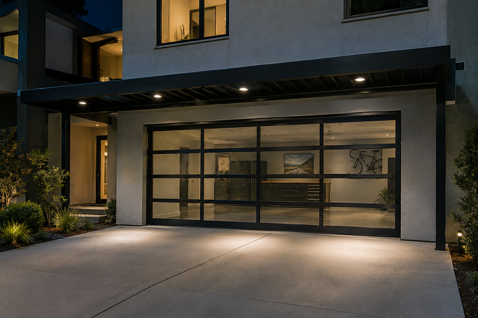 Black aluminum pergola with recessed downlights casting white light pools over a full-view glass garage door at night