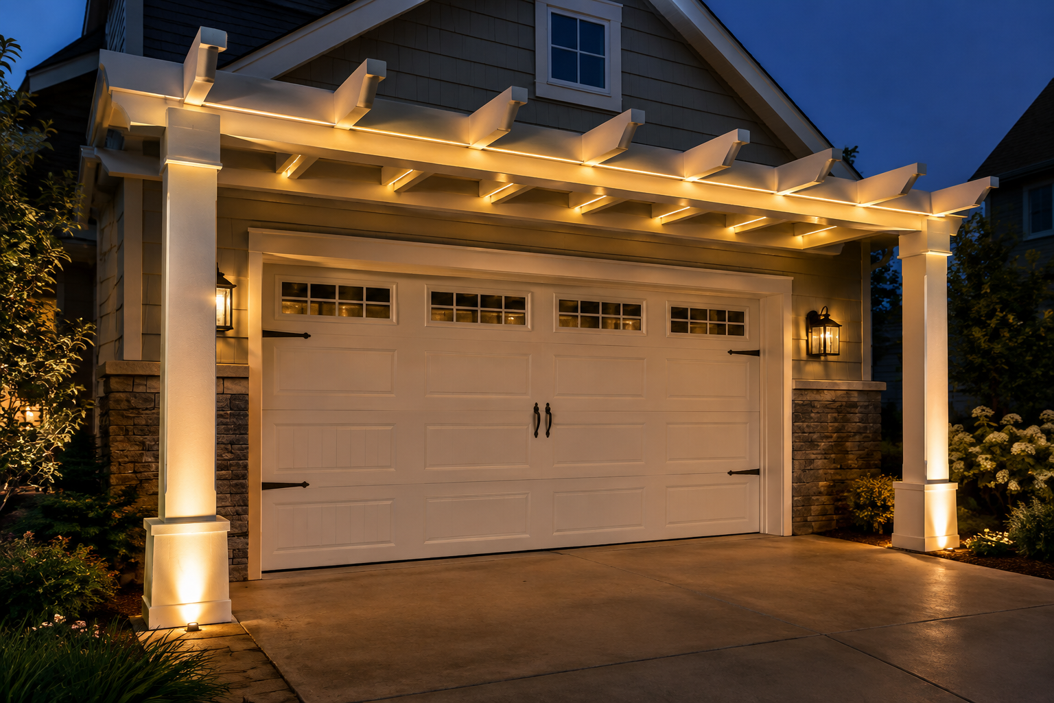 White wood pergola with hidden LED strip lighting glowing along beam undersides over a white raised-panel garage door at night