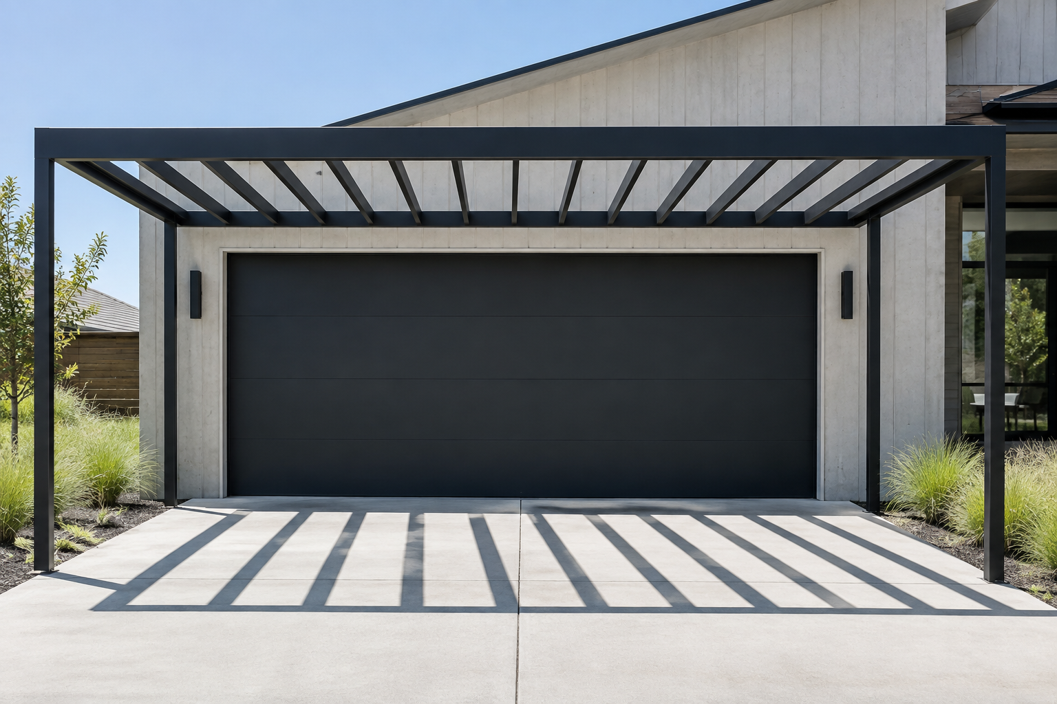 Matte black steel pergola with thin square posts over a flush-panel black aluminum garage door on a modern home