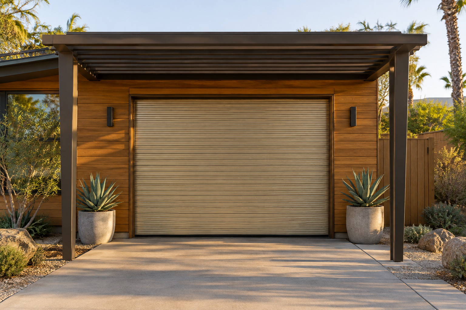 Dark bronze aluminum pergola with wide slats over a champagne gold ribbed aluminum garage door on a mid-century modern home