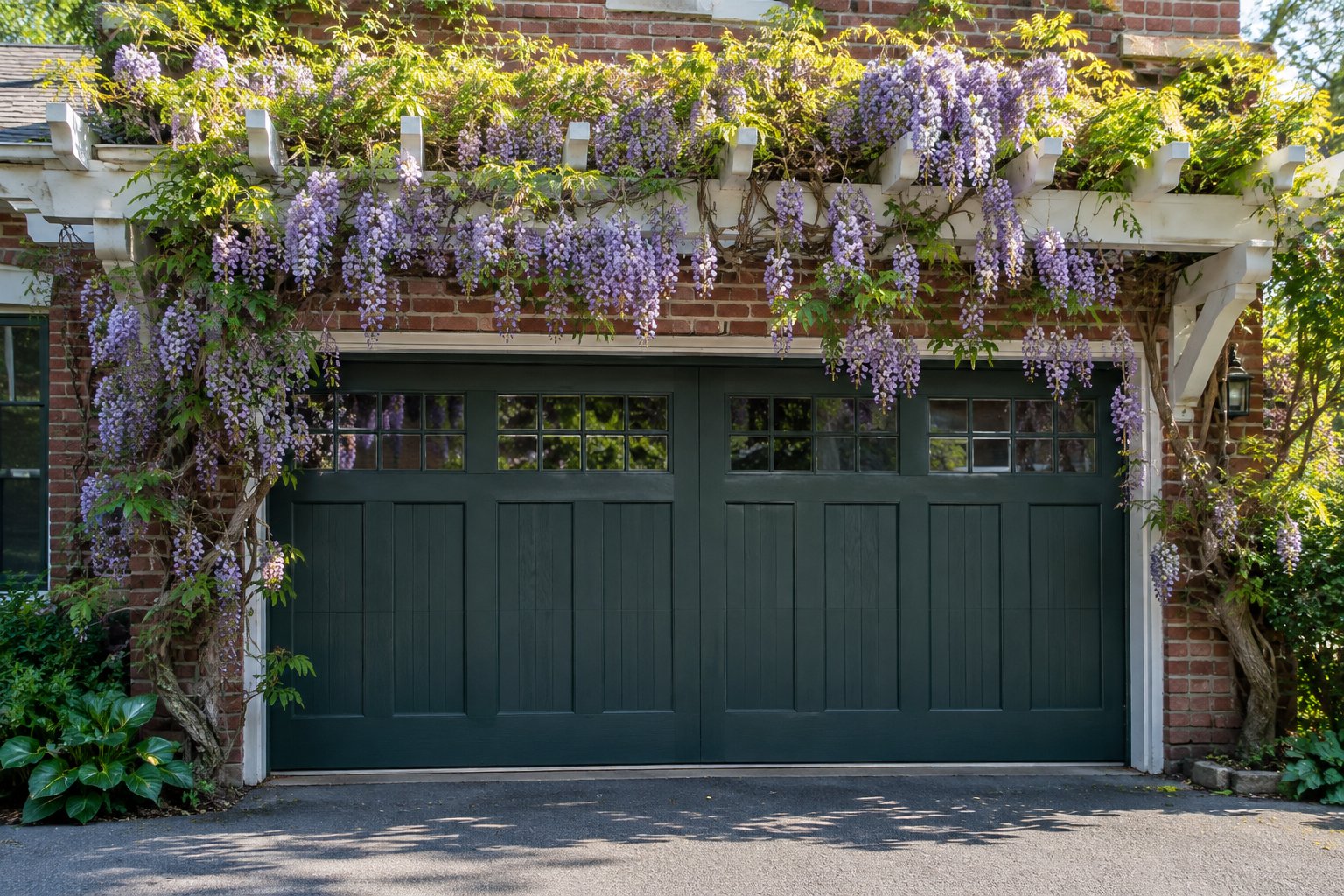 White wood pergola covered in cascading purple wisteria blooms over a dark green colonial garage door on brick home