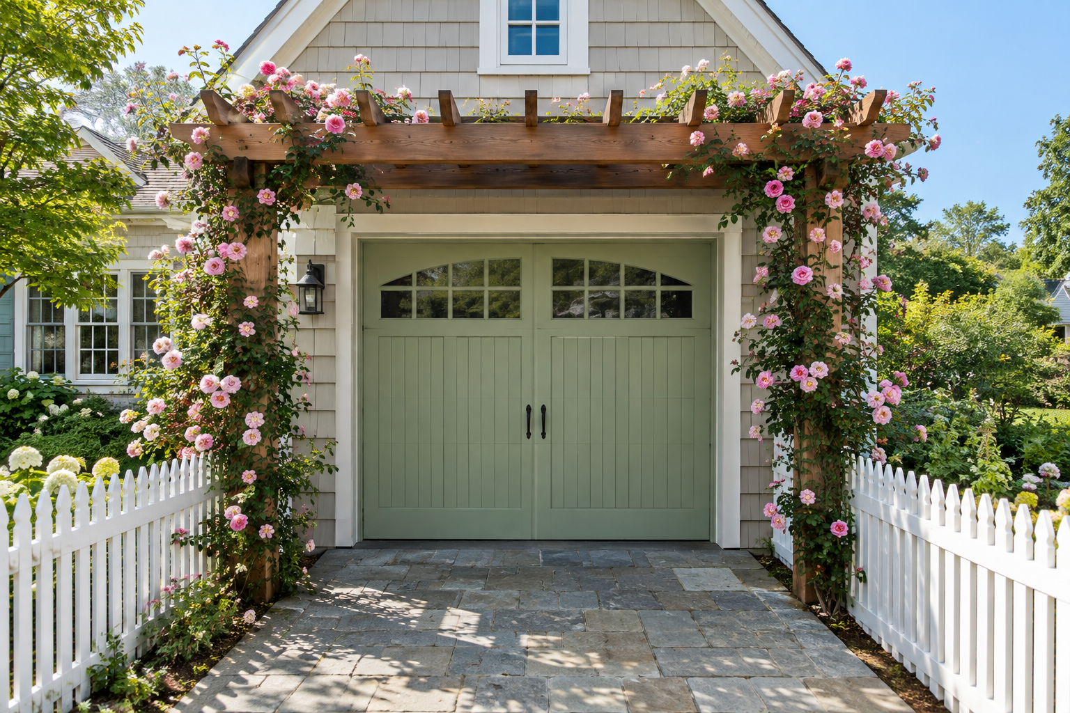 Cedar pergola with pink climbing roses on posts over a sage green cottage garage door with arched window inserts