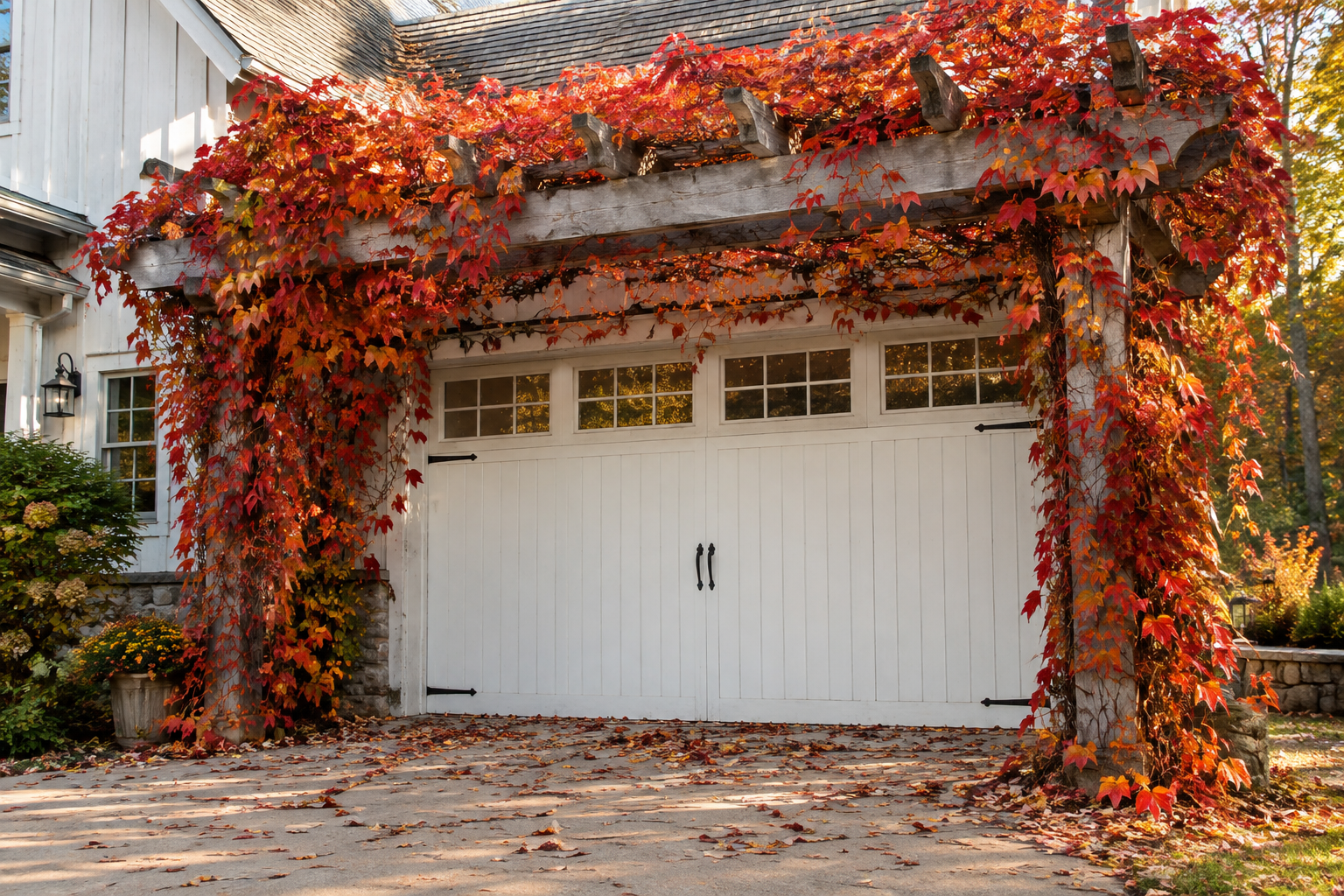 Weathered gray pergola with crimson Virginia creeper autumn foliage over a white vertical-slat farmhouse garage door