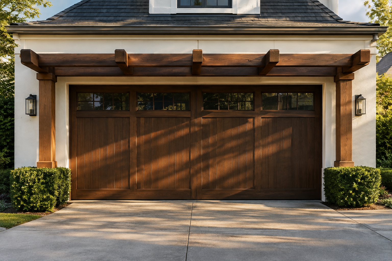 Cedar pergola with thick square beams over a dark walnut double garage door on a white house