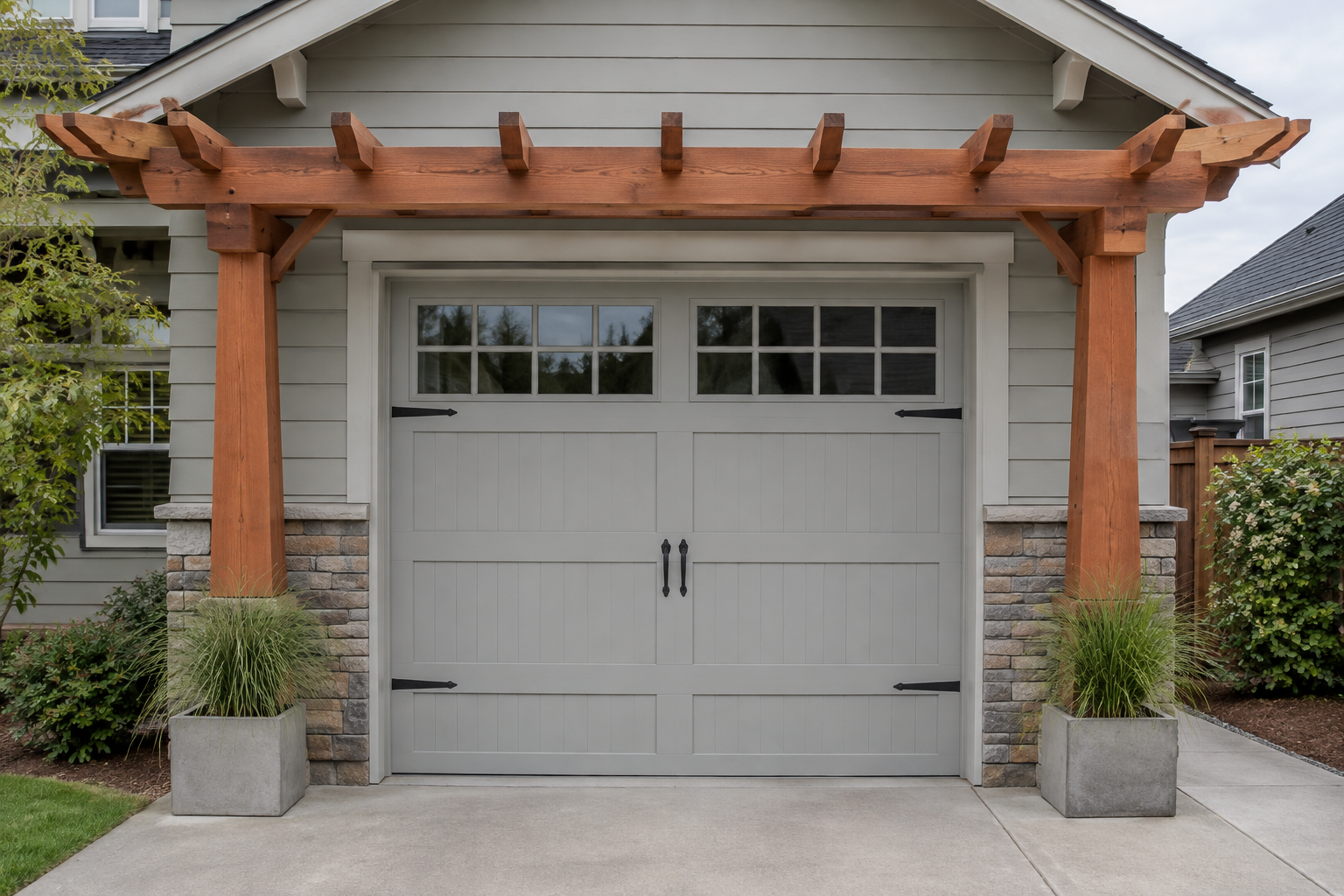Redwood pergola with notched rafter ends over a gray craftsman garage door with window inserts