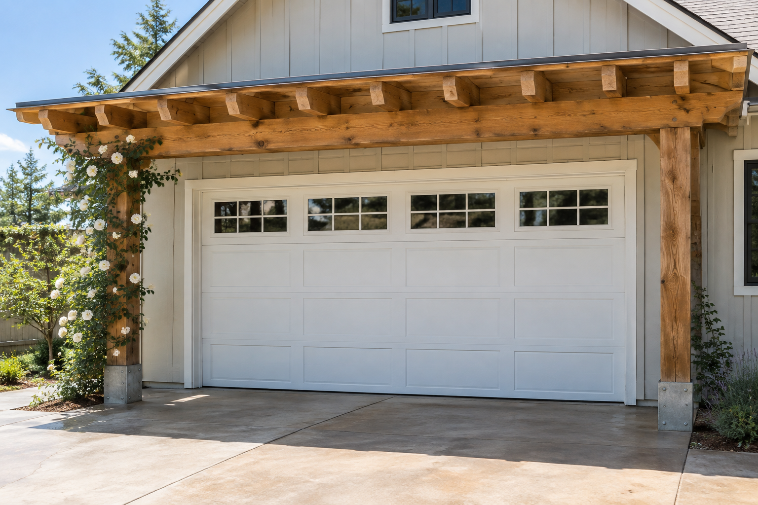 Rustic Douglas fir pergola with rough-sawn beams over a white shaker-panel farmhouse garage door