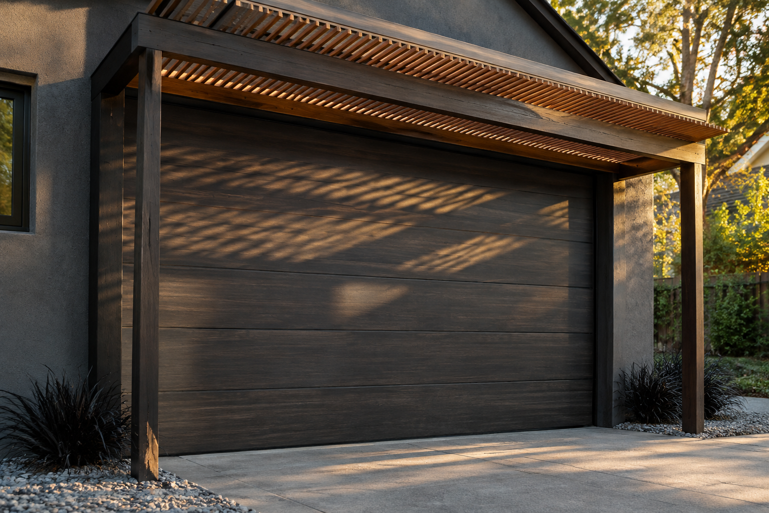 Japanese-inspired cedar slat pergola casting striped shadows over a charcoal wood garage door on dark stucco home