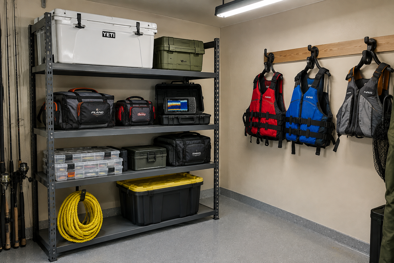 Organized garage corner with metal shelving for cooler and tackle, life jackets on wall hooks