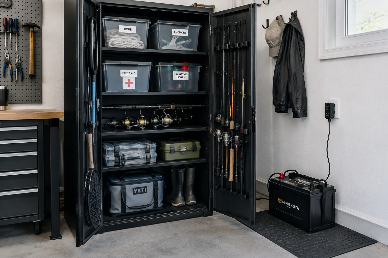 Black metal garage cabinet with open doors showing labeled boat gear bins beside trolling motor battery