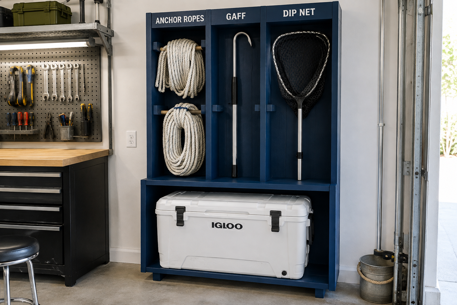 Navy blue DIY plywood boat gear wall station with labeled sections for ropes, gaff, and cooler shelf