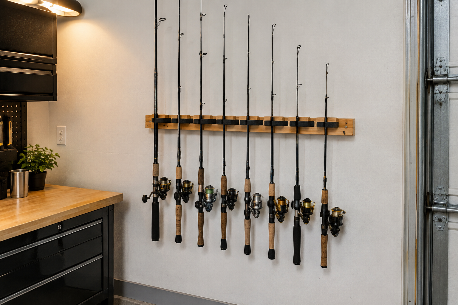 Horizontal pine wood fishing rod rack mounted on white garage wall holding eight rods